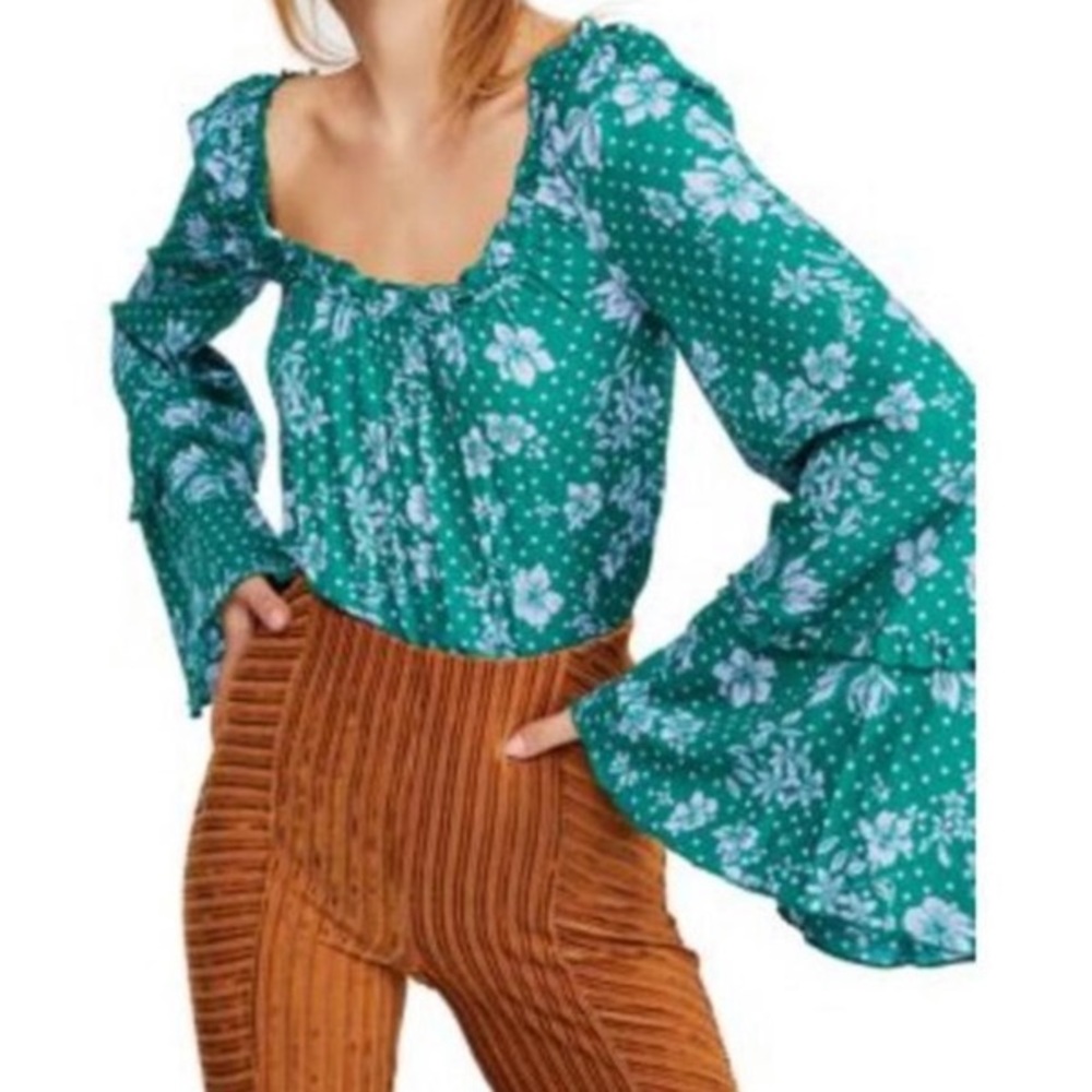Free People Bodysuit Blouse in teal and blue